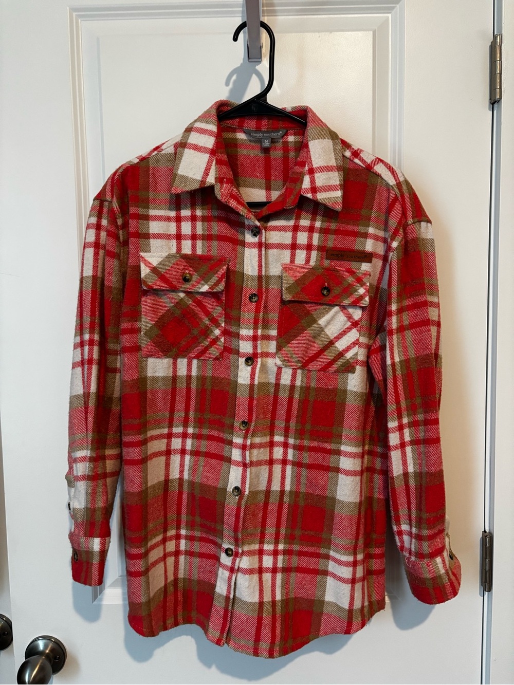 Simply Southern Coral, White & Olive Plaid Button-Down Shacket